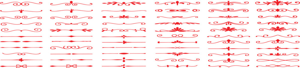 Red vintage floral decorative divider lines and border elements set for design embellishment