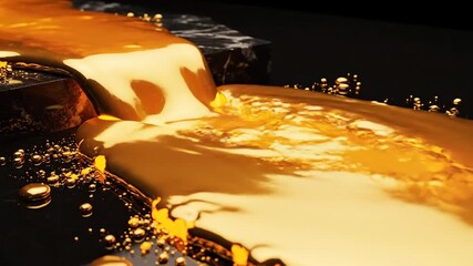 Cinematic macro shot of molten gold pouring. Liquid metal flows and pools on dark surface. Artistic visualization of viscous melt forming abstract shape - Powered by Adobe