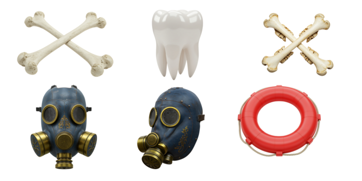 Crossed bones gas masks and a life preserver on black background