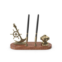Brass nautical desk set with ship wheel and twin pen stands on transparent background