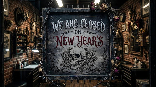 Tattoo shop closed sign with skull roses and tattoo machine, tattoo shop, closed sign, new years, skull, roses, tattoo machine, gothic, dark, edgy, holiday, announcement, warning, decoration, interior