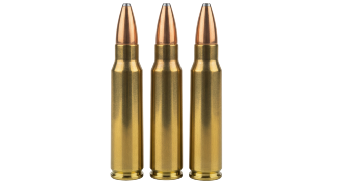 Three golden rifle bullets isolated PNG, ammunition for hunting or target practice with firearms on transparent background