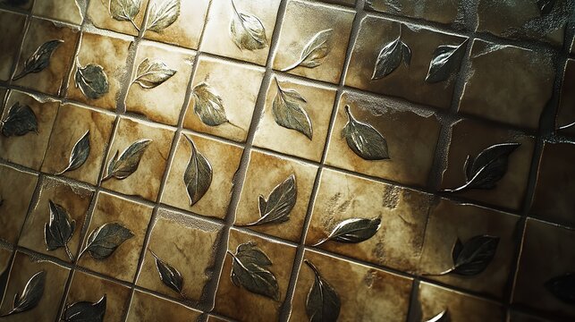 Closeup of rustic decorative tiles featuring embossed leaf patterns with warm earthy tones and textured surface