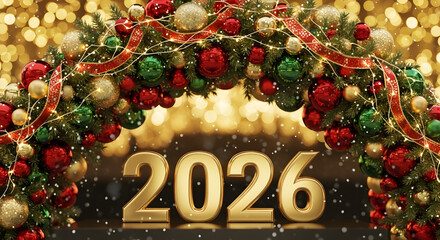 Festive 2026 new year s decoration with ornaments garland and sparkling lights background
