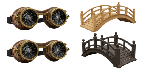 Steampunk goggles and wooden garden bridges on black background