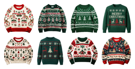 PNG Festive Christmas sweaters collection displayed, element set on transparent background