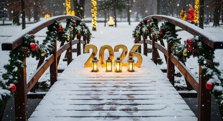 Golden 2024 numbers on a snowy bridge decorated with christmas garlands in a park