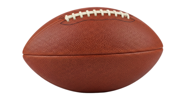 Brown American football isolated PNG, realistic leather ball with white laces for sports equipment and game day designs on transparent background