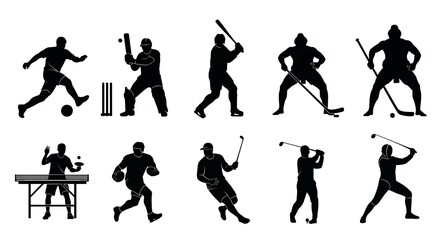 Silhouettes of various sports activities including soccer, cricket, baseball, hockey, table tennis, running, golf.