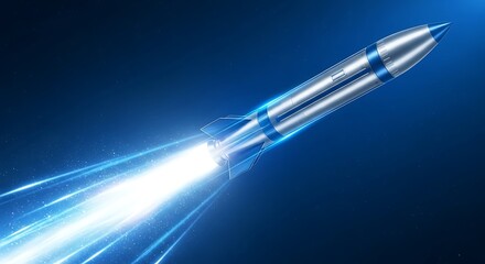 Futuristic rocket launching into deep space with bright blue exhaust trails