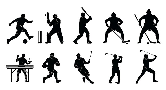 Silhouettes of various sports activities including soccer, cricket, baseball, hockey, table tennis, running, golf.