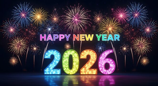 Vibrant fireworks display illuminating the year 2026 for new year