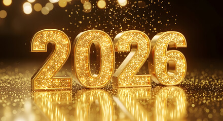 Golden 2026 new year celebration with bokeh lights and glittering confetti background