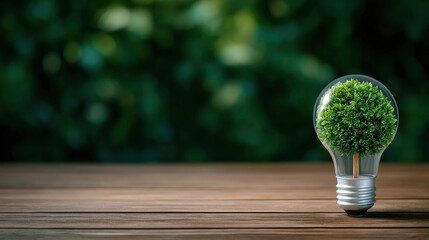 Green eco lightbulb with small tree inside on wooden table symbolizing sustainable energy and innovation