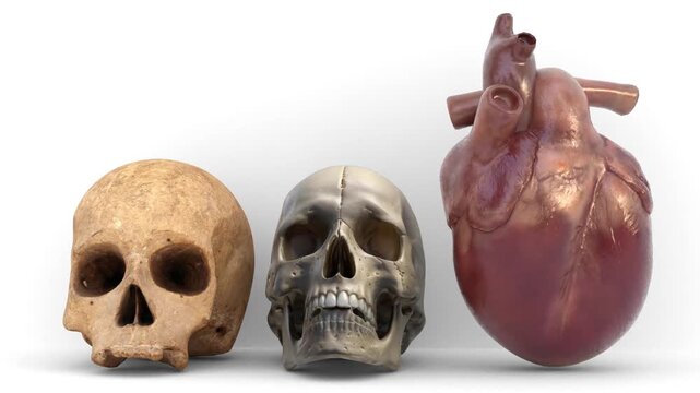 adult human skull and heart
