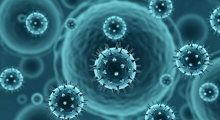 Microscopic view of glowing blue virus particles and cells in a science illustration