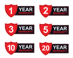 Comprehensive Collection of Red and Black Shield Style Year Warranty Icons and Stickers (1, 2, 3, 5, 10, 20 Years) for Product Guarantee and Assurance