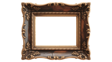 Ornate antique baroque gilded wooden picture frame with intricate carvings and decorative details isolated on transparent background