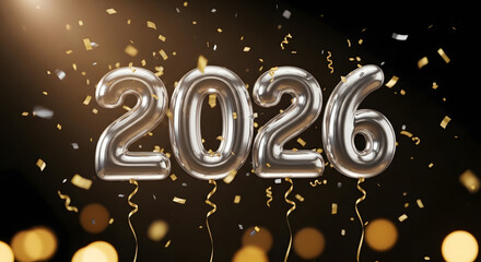 Celebrating the new year 2026 with silver balloons and confetti on a dark background