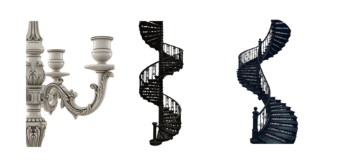 Elegant antique silver candelabra with ornate detailing against a black background