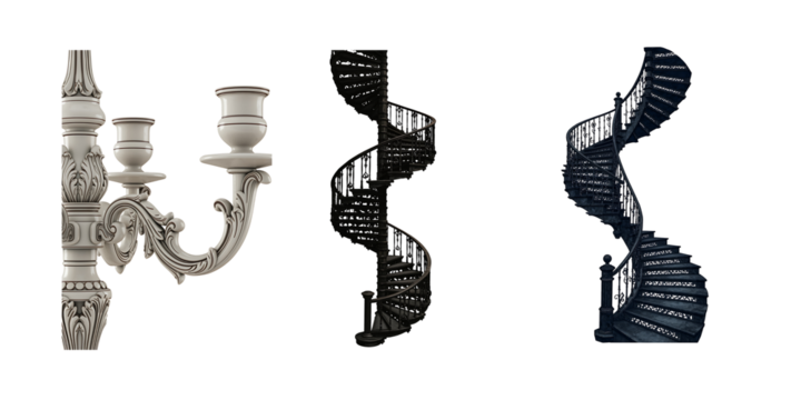 Elegant antique silver candelabra with ornate detailing against a black background