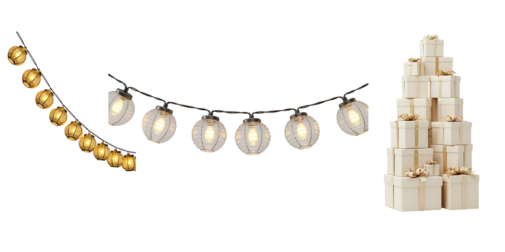 Decorative string lights and stacked toilet paper rolls against a black background