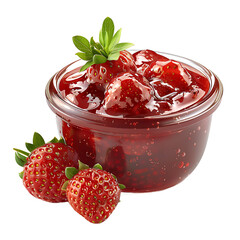 Glass bowl filled with strawberry jam and fresh strawberries isolated on transparent background