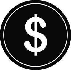 Black Coin Vector Icon with White Dollar Sign Symbol, Representing Money, Currency, Finance, Price, Investment, and Economic Concepts