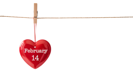 Red heart decoration with february 14th date hanging on a clothesline with a wooden clothespin isolated on transparent background