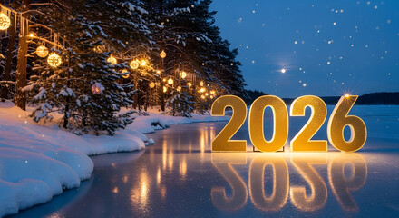 Golden 2026 new year celebration on frozen lake with illuminated trees and starry sky