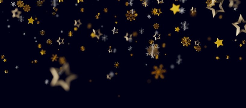 Abstract background featuring falling gold stars and snowflakes on a dark blue backdrop. Perfect for Christmas, New Year