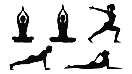 Set of yoga poses silhouettes fitness and wellness concept vector illustration isolated on white background