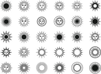 Large Sun and Solar Symbol Vector Icon Collection, Featuring Astrological, Bohemian, Line Art, and Sun with Face Symbols for Design Elements