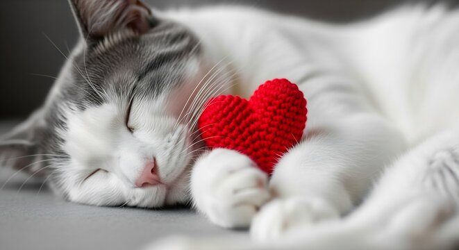 Close-up of a sleeping white and gray cat cuddling a small red knitted heart toy.