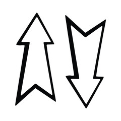 Two black outlined arrows pointing up and down on a white background in a simple hand drawn style