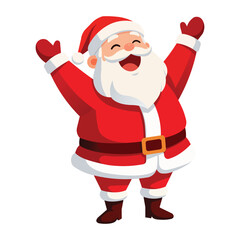 Festive cartoon Santa Claus celebrating with arms up, wearing traditional red suit, white beard, and hat. Perfect for Christmas, holiday greeting cards and seasonal marketing visuals.