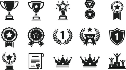 Set of Achievement and Award Vector Icons, including Trophy, Medal, Crown, Certificate, Winner Podium, and Success Symbols for Competition and Quality