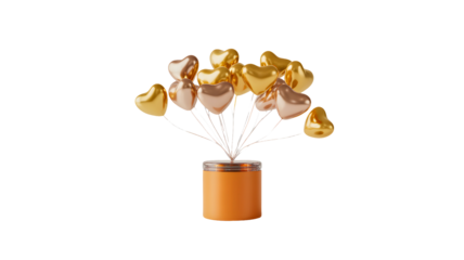 A bouquet of golden and pink heart shaped balloons floating from an orange cylindrical vase isolated on transparent background