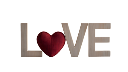 Wooden letters spelling love with a plush red heart replacing the letter o isolated on transparent background
