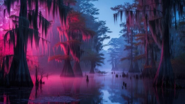 Ethereal swamp scene at dawn, pink and blue hues illuminating misty water and cypress trees