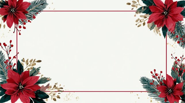 A holiday-themed border illustration featuring a white background framed by a thin red rectangular outline Ideal for Christmas greeting card templates 