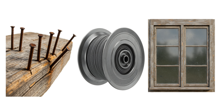 Rustic wooden window metal spools and nails on wood against black background