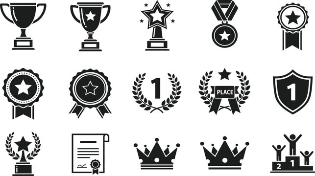 Set of Achievement and Award Vector Icons, including Trophy, Medal, Crown, Certificate, Winner Podium, and Success Symbols for Competition and Quality