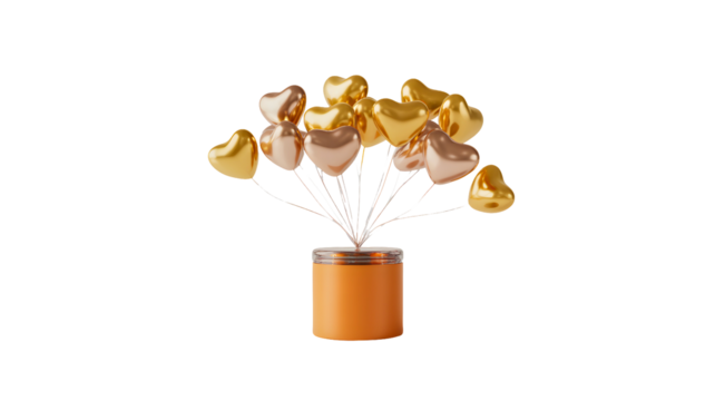 A bouquet of golden and pink heart shaped balloons floating from an orange cylindrical vase isolated on transparent background - Powered by Adobe