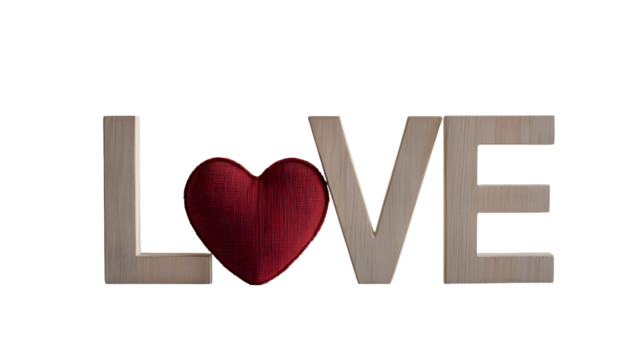 Wooden letters spelling love with a plush red heart replacing the letter o isolated on transparent background - Powered by Adobe