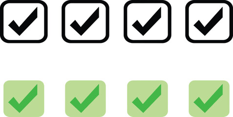 Set of Checkmark and Tick Mark Vector Icons in Black Outline and Green Solid Styles, Representing Approval, Completion, Confirmation, and Success