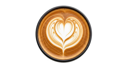 Latte art in a cup isolated PNG, coffee drink with heart design on transparent background, cappuccino for cafe menu and beverage concepts