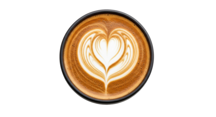 Latte art in a cup isolated PNG, coffee drink with heart design on transparent background, cappuccino for cafe menu and beverage concepts