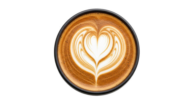 Latte art in a cup isolated PNG, coffee drink with heart design on transparent background, cappuccino for cafe menu and beverage concepts