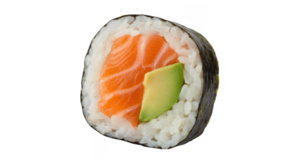 Salmon avocado sushi roll with white rice and dark seaweed isolated on a transparent background